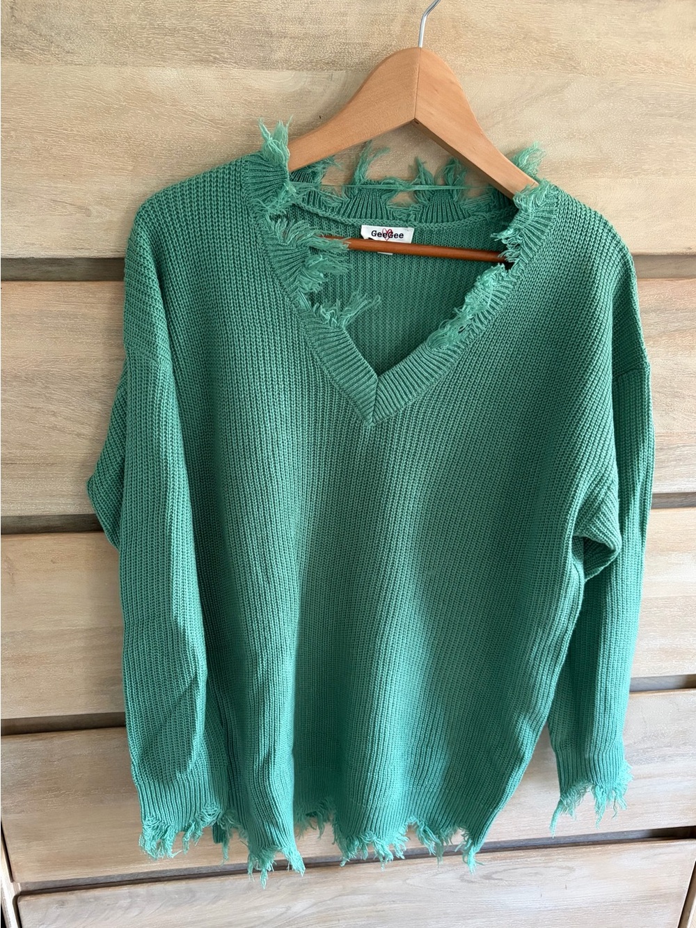 Pinkblush Fringe Detail V-Neck Sweater in Green (maternity)